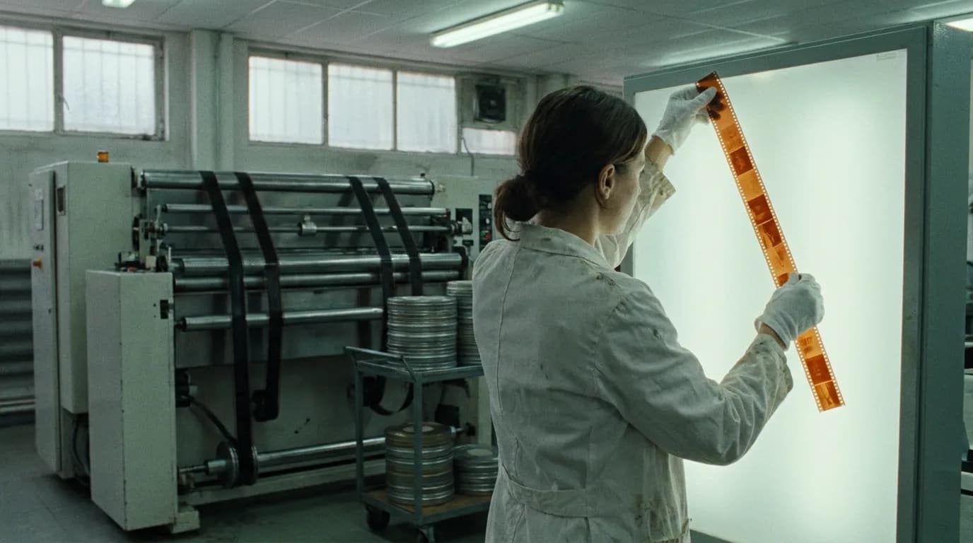 A lab technician in cotton gloves holding a strip of developed orange-based color negative against a glowing light box, a film processing machine behind her, cinematic still
