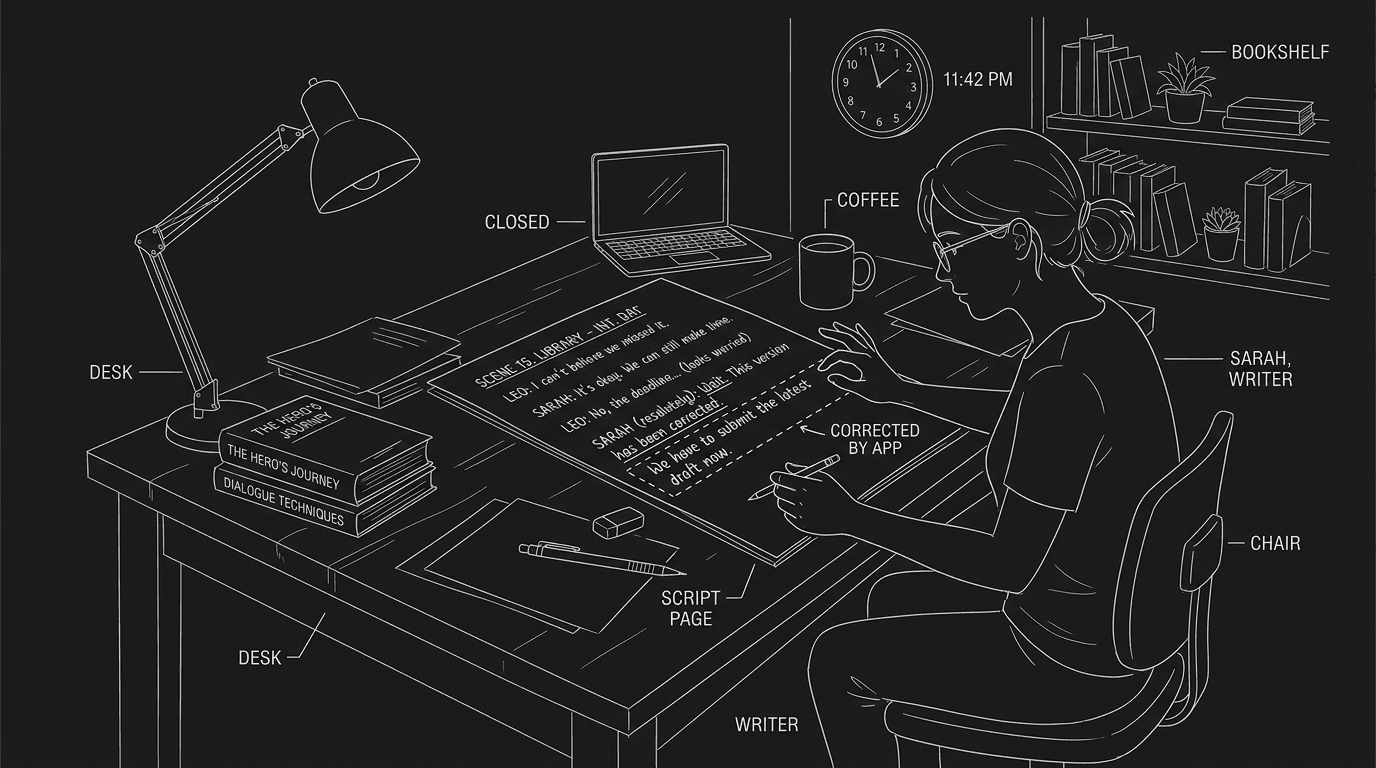 Dark mode technical sketch: writer at desk; script with one "fixed" line highlighted; undo or revert gesture