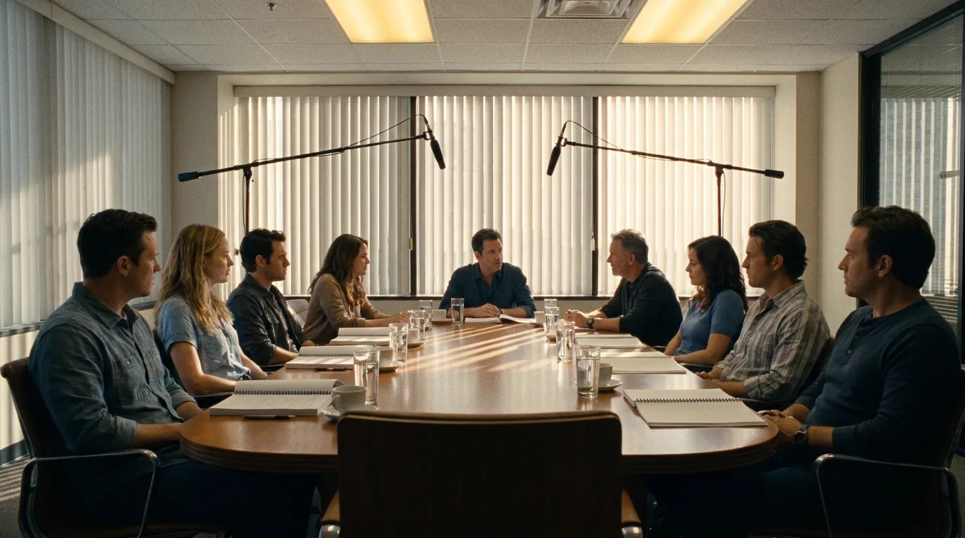 A network television table read in progress, actors and producers seated around a long conference table with boom microphones and open scripts under hard daylight through half-open blinds, cinematic still