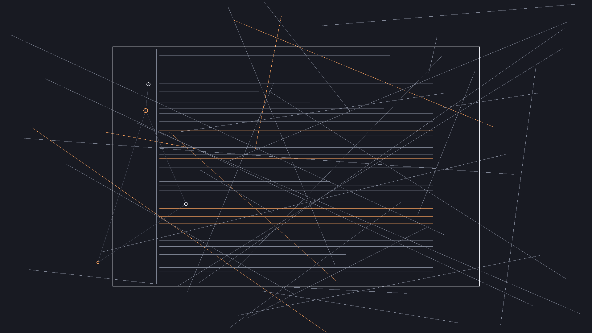 Dark mode technical sketch: timeline or index cards connected to screenplay pages