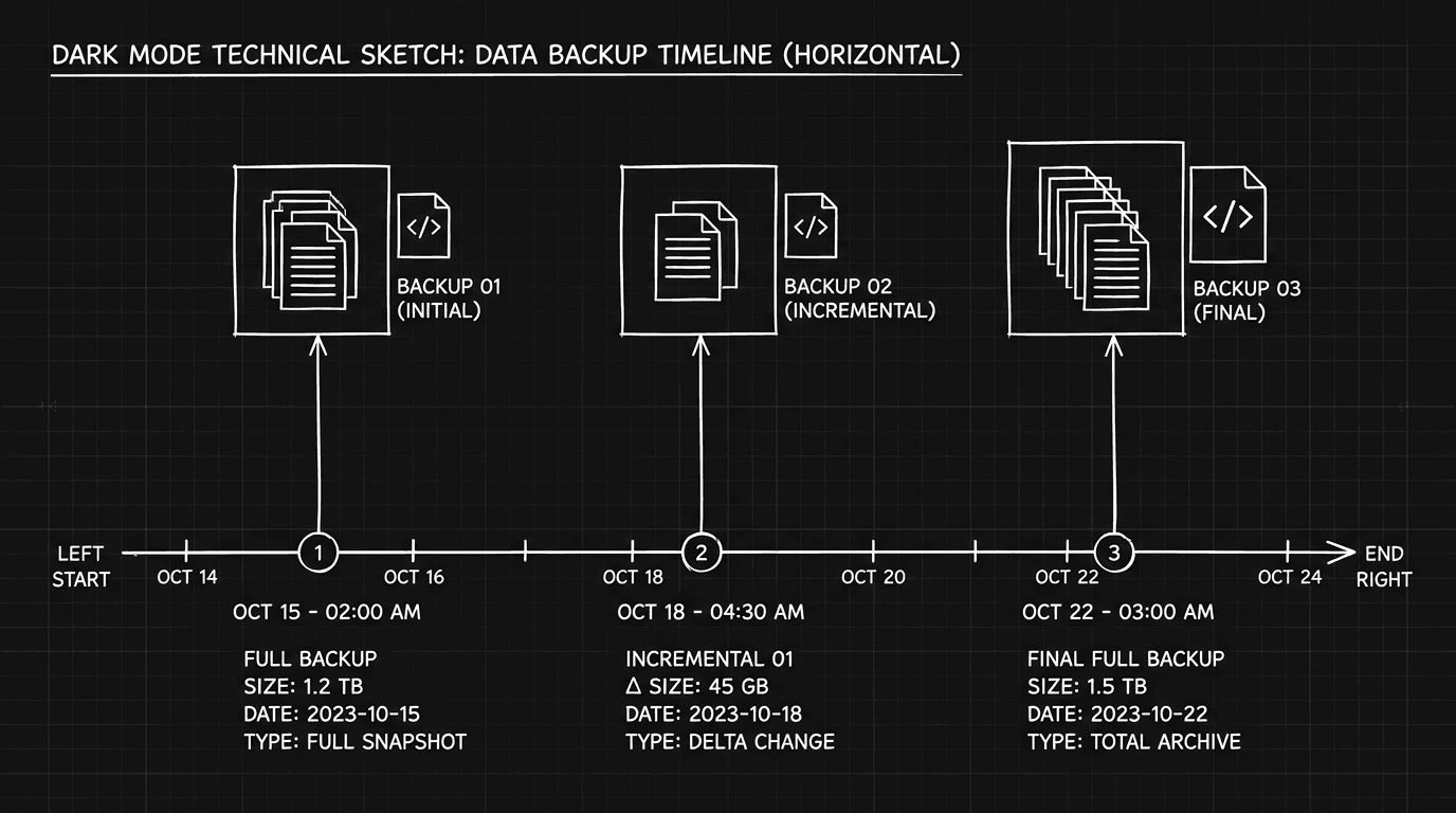 Dark mode technical sketch: timeline of backup points; script versions stacking; thin white lines on black