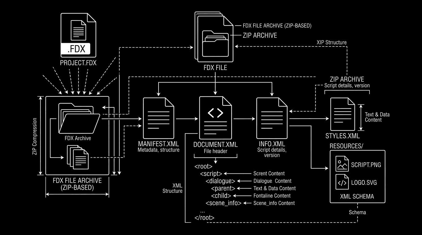 Dark mode technical sketch: .fdx file opened as ZIP showing Document.xml; thin white lines on black