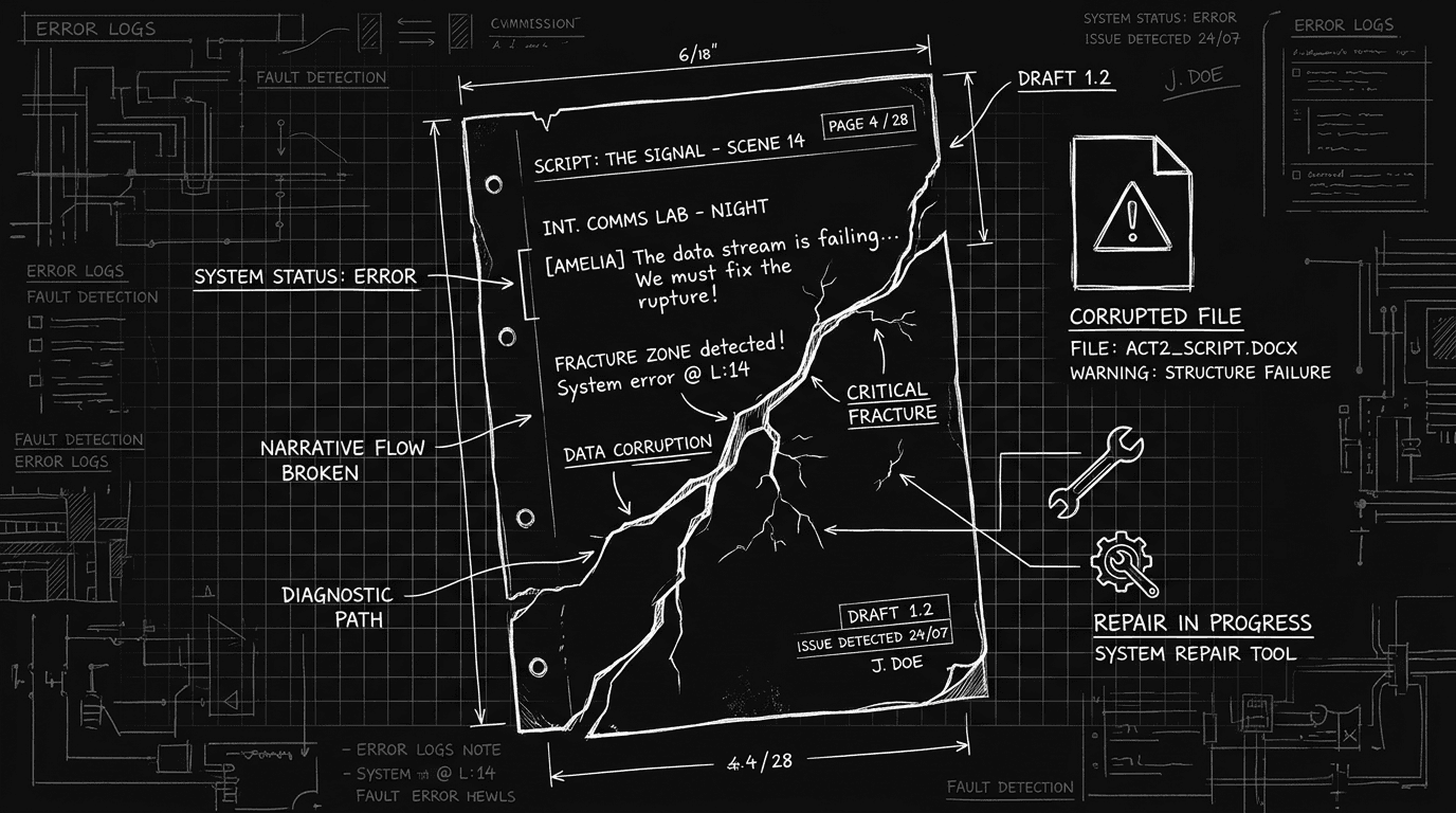 Dark mode technical sketch: fractured script page with repair symbol; thin white lines on black