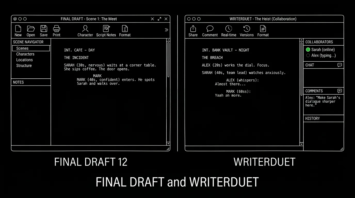 Final Draft vs WriterDuet; dark mode technical sketch