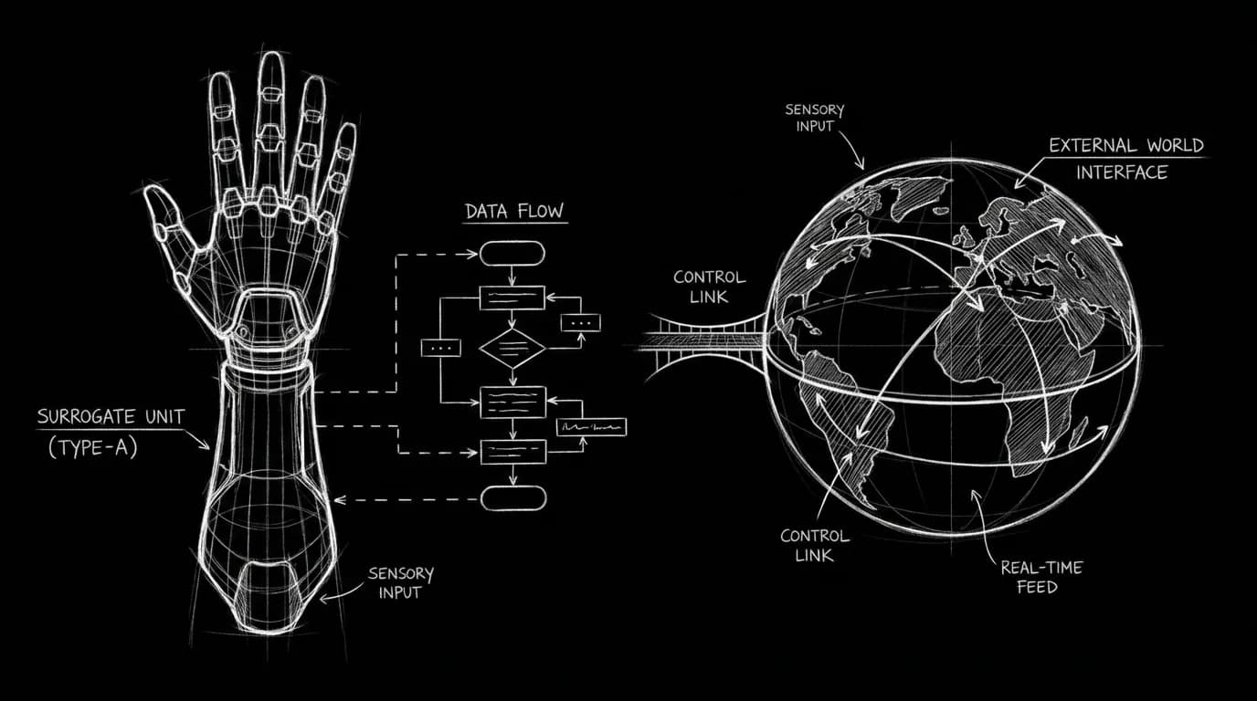 Surrogate and world; dark mode technical sketch