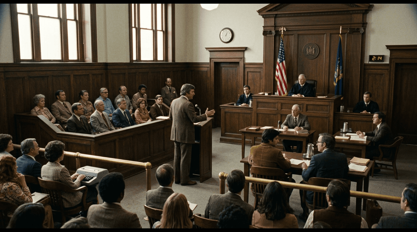 Cinematic 35mm film still: wide courtroom interior with wood paneling