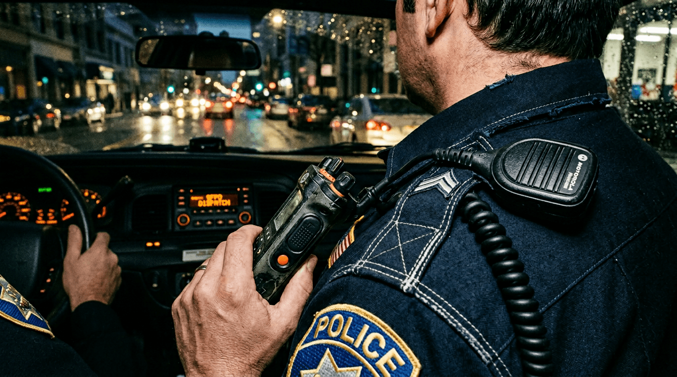 Police radio handset close-up; cinematic film still