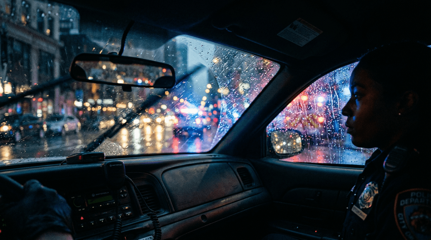 Rain-streaked patrol window; cinematic film still