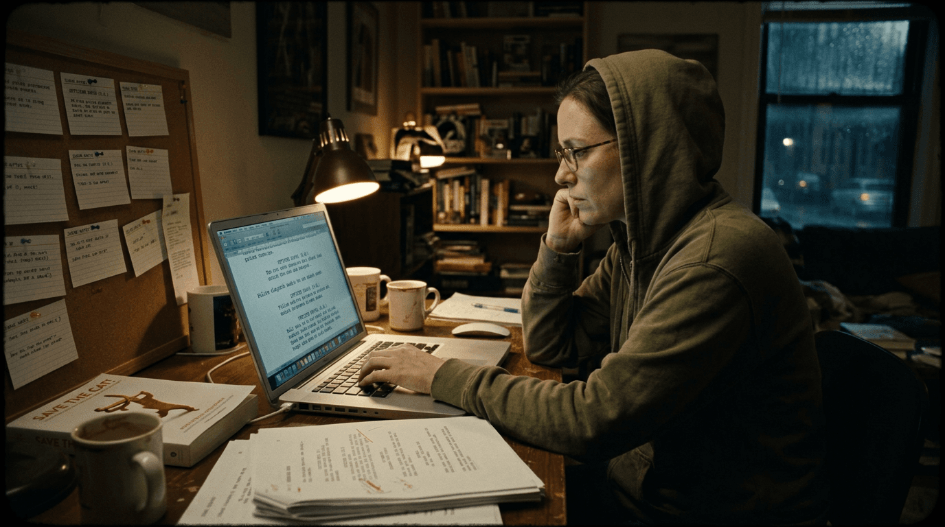 Cinematic workflow still, first angle, 35mm film grain