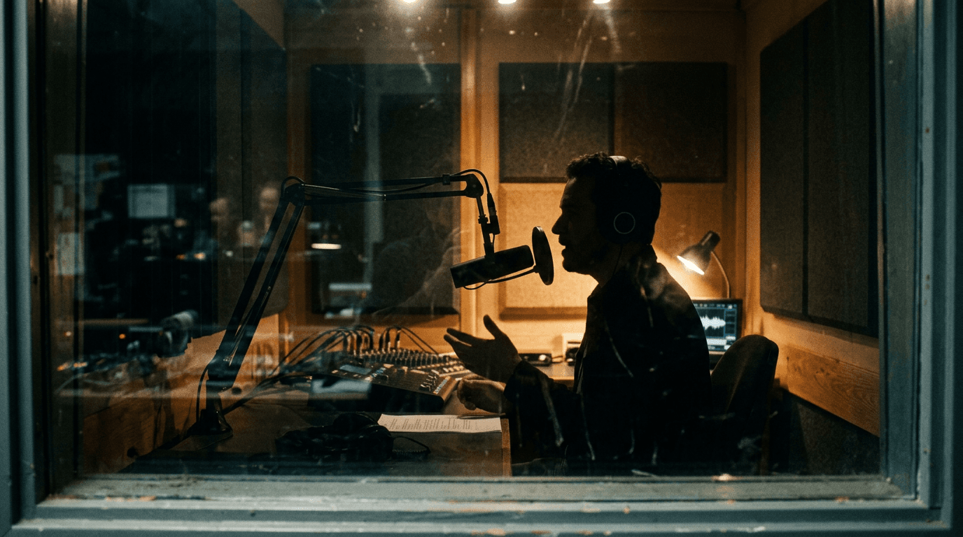 Through glass into broadcast booth; cinematic film still