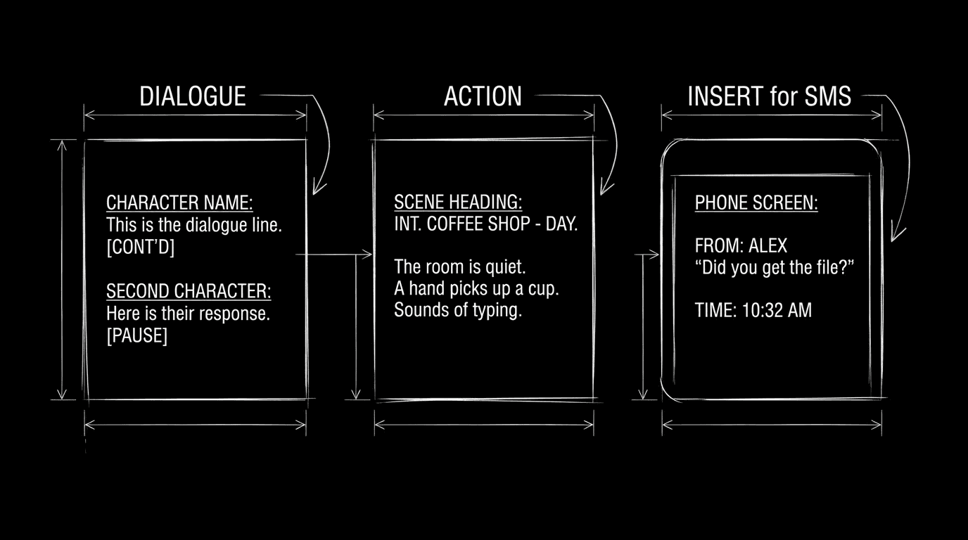 Three script blocks: dialogue, action, insert for SMS; dark mode technical sketch