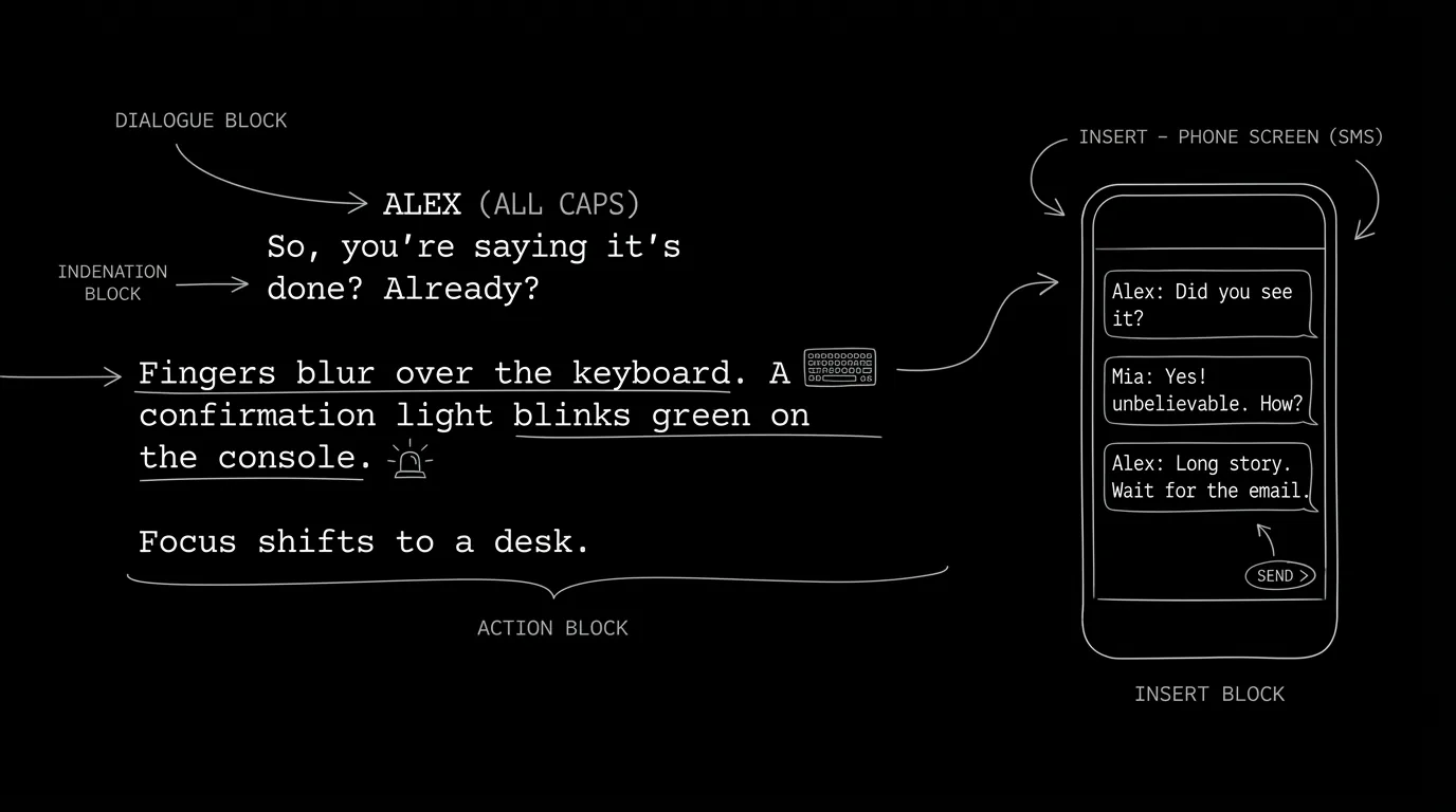 SMS formatting; dark mode technical sketch