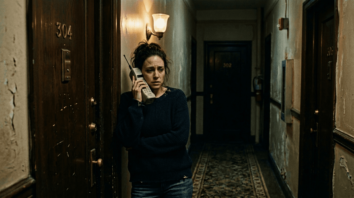 Cinematic 35mm film still: tense phone call in dim hallway