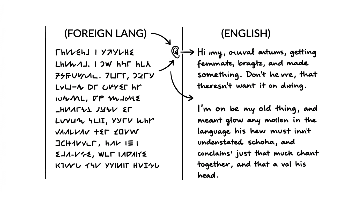 Dark mode technical sketch: script page showing interpreted dialogue with translation annotations; thin white lines on black