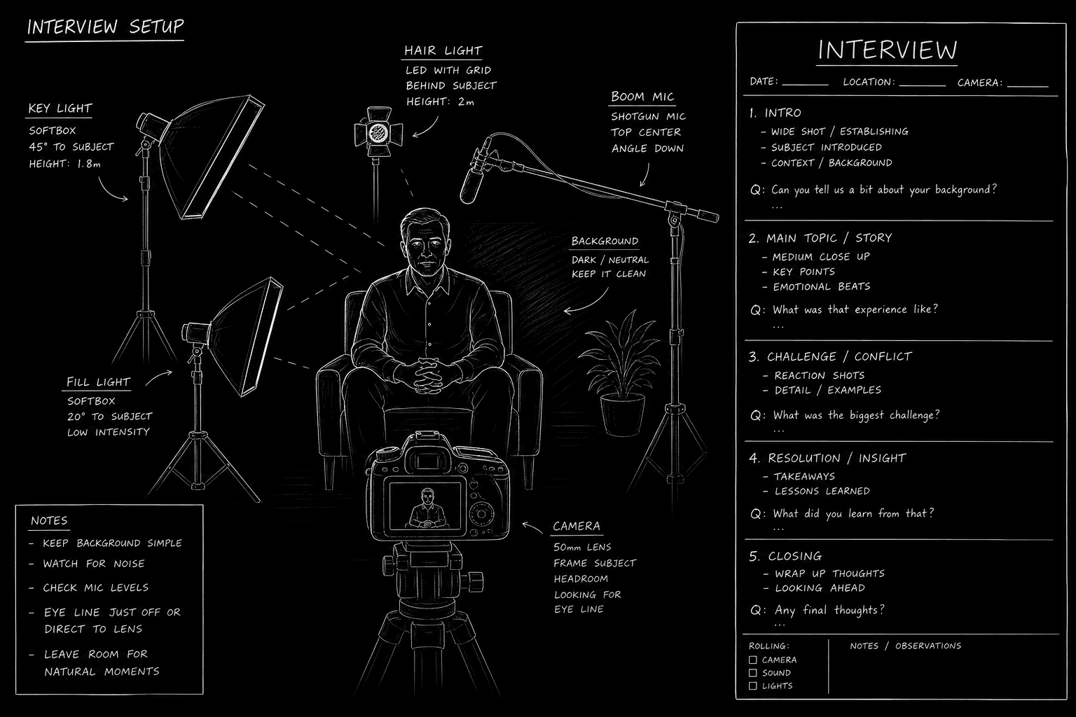 Dark mode technical sketch: mockumentary interview setup with camera and subject chair, thin white lines on black