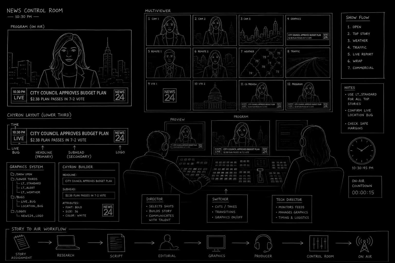 Dark mode technical sketch: TV control room with anchor monitors and chyron graphics, thin white lines on black