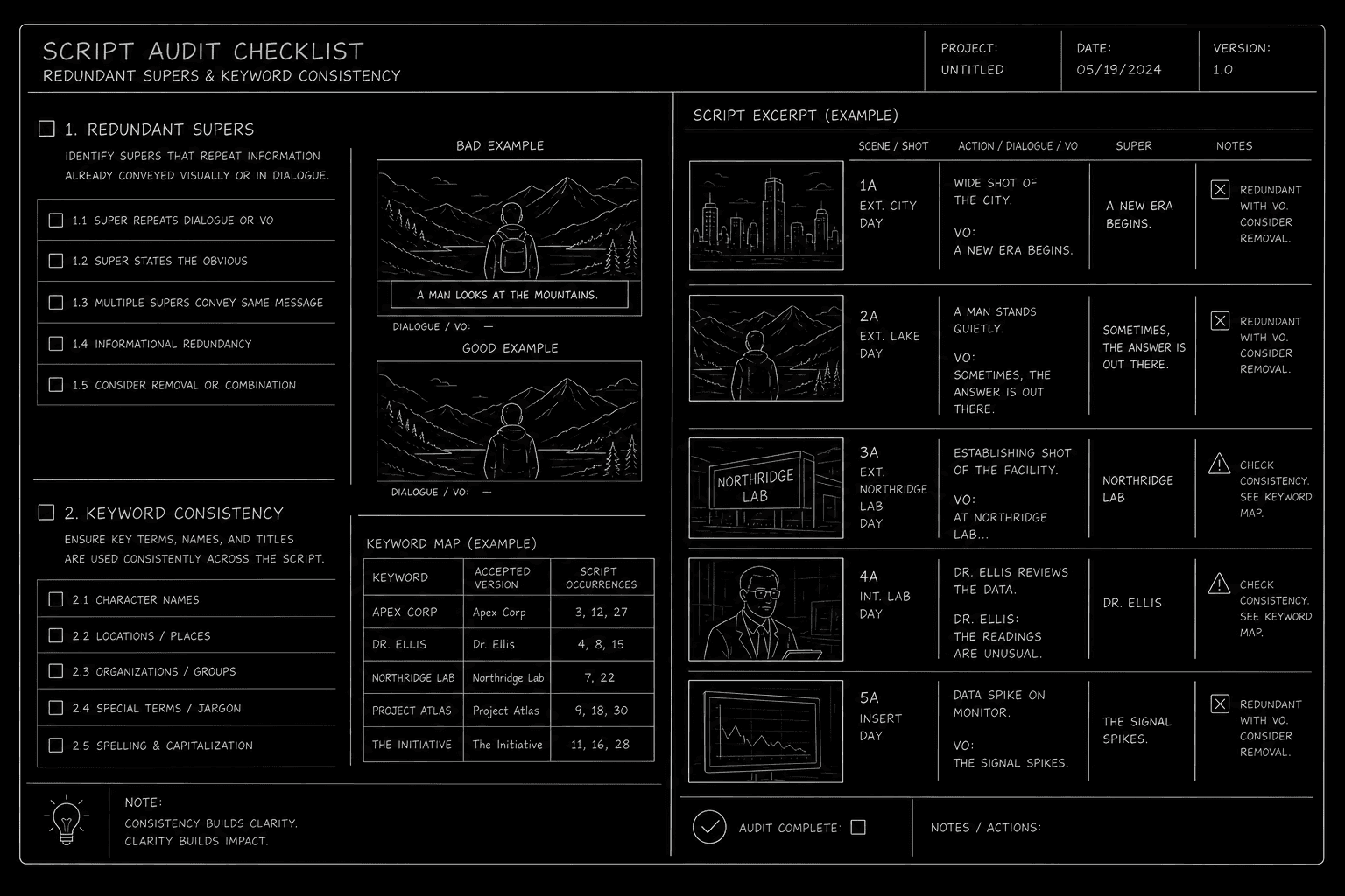 Script audit checklist for redundant supers and inconsistent labels; dark mode technical sketch, thin white lines on black background