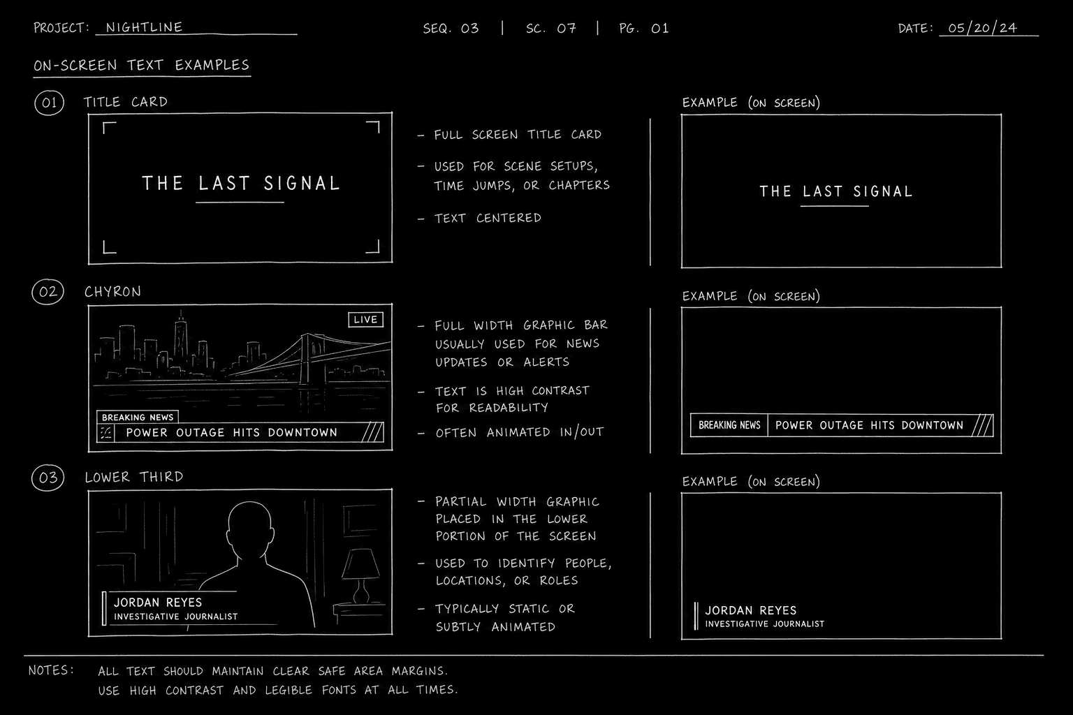 Dark mode technical sketch: title card chyron and lower third examples on script page, thin white lines on black