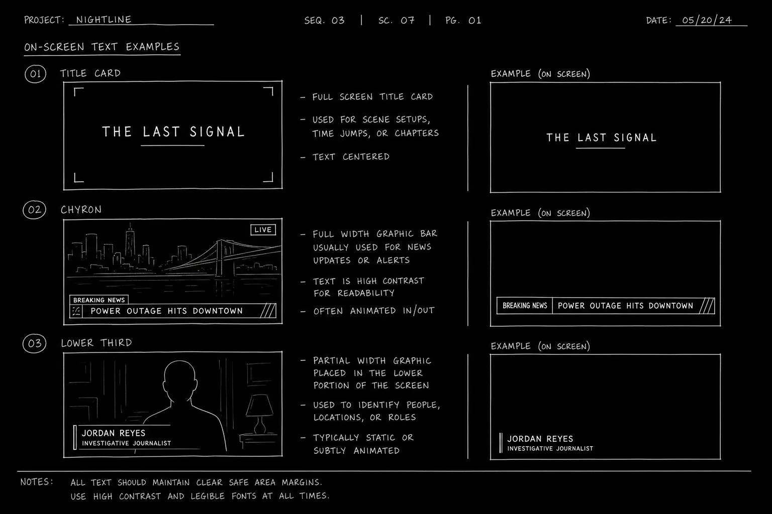 Dark mode technical sketch: title card chyron and lower third examples on script page, thin white lines on black