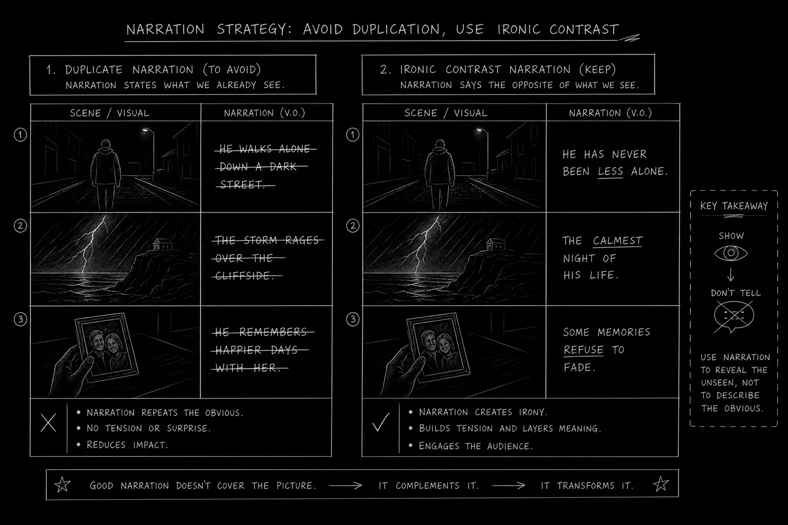 Redundant V.O. vs complementary V.O. side-by-side script panels; dark mode technical sketch