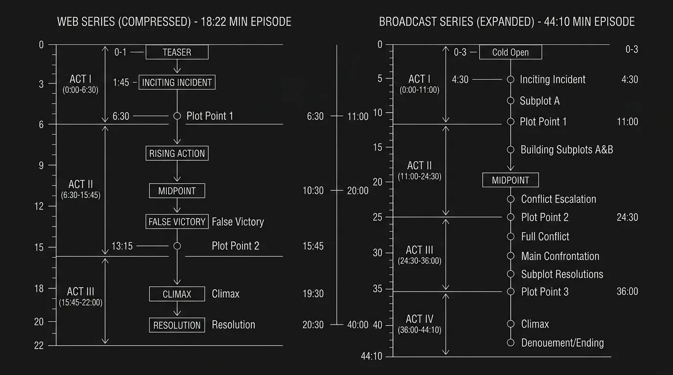 A beat sheet comparison showing web series vs broadcast structure; dark mode technical sketch, thin white lines on black background