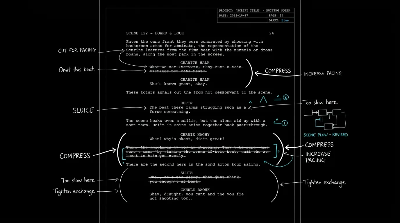 A script page with margin notes on pacing adjustments; dark mode technical sketch, thin white lines on black background