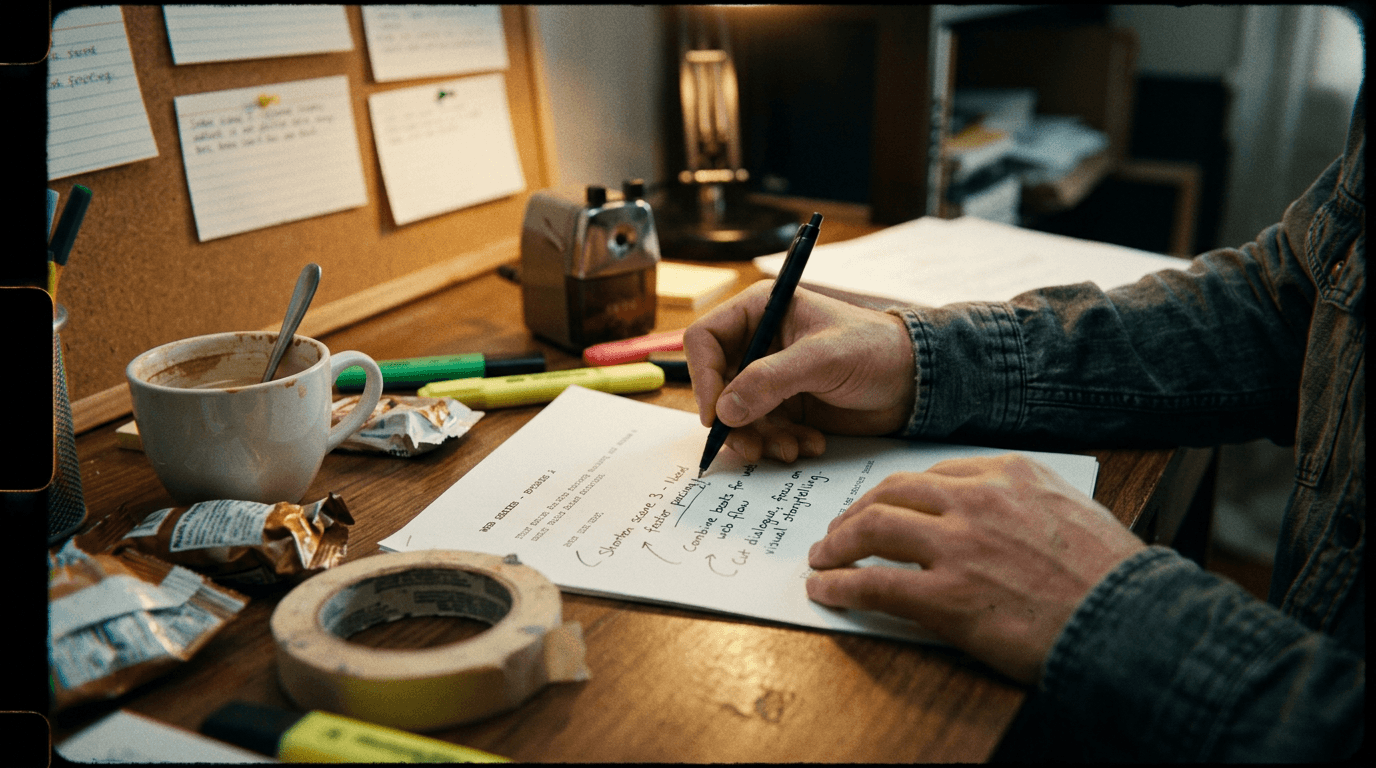 Cinematic workflow still, second angle, 35mm film grain