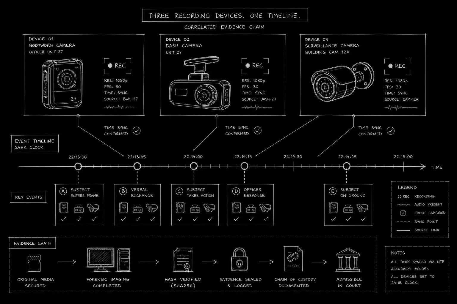 Found footage device map showing phone, security cam, and recovered file nodes; dark mode technical sketch