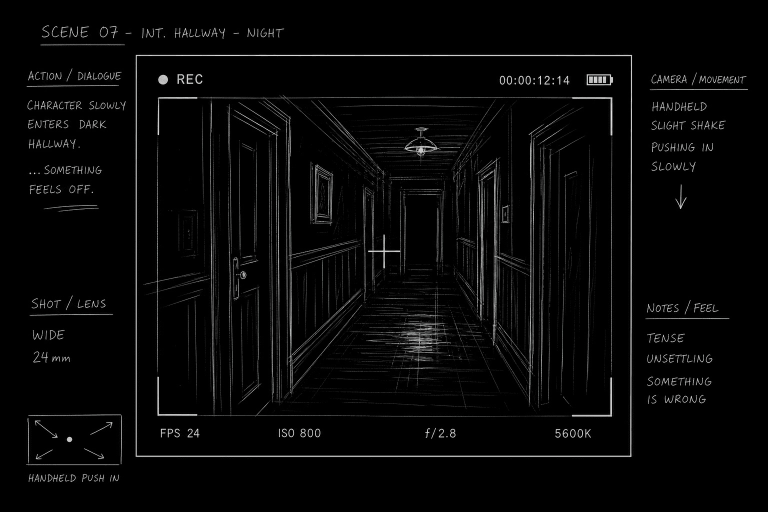 Dark mode technical sketch: viewfinder frame with REC indicator on screenplay page, thin white lines on black
