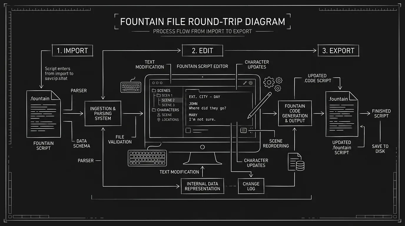 Dark mode technical sketch: Fountain file round-trip diagram; import → edit → export