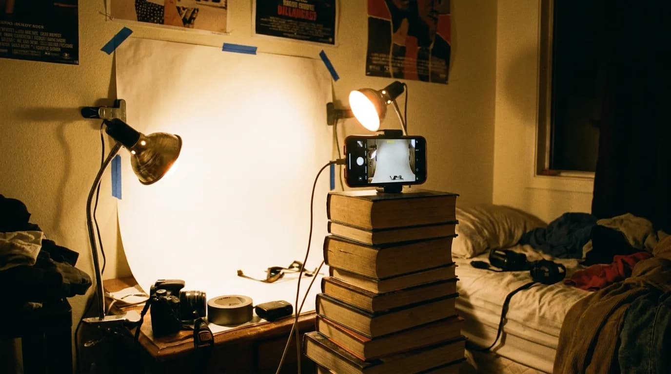 A small bedroom turned into a makeshift film studio at night, a phone mounted on a stack of hardcover books as a tripod, two cheap clip-on lights aimed at a paper backdrop, cinematic still
