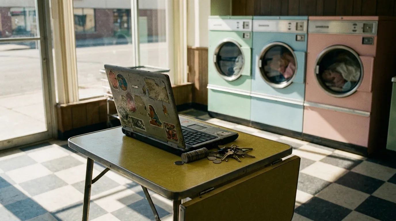 A sticker-covered secondhand laptop open on a yellow folding table in a laundromat, a stack of coins and a set of keys beside it, pastel washers running in the background, cinematic still