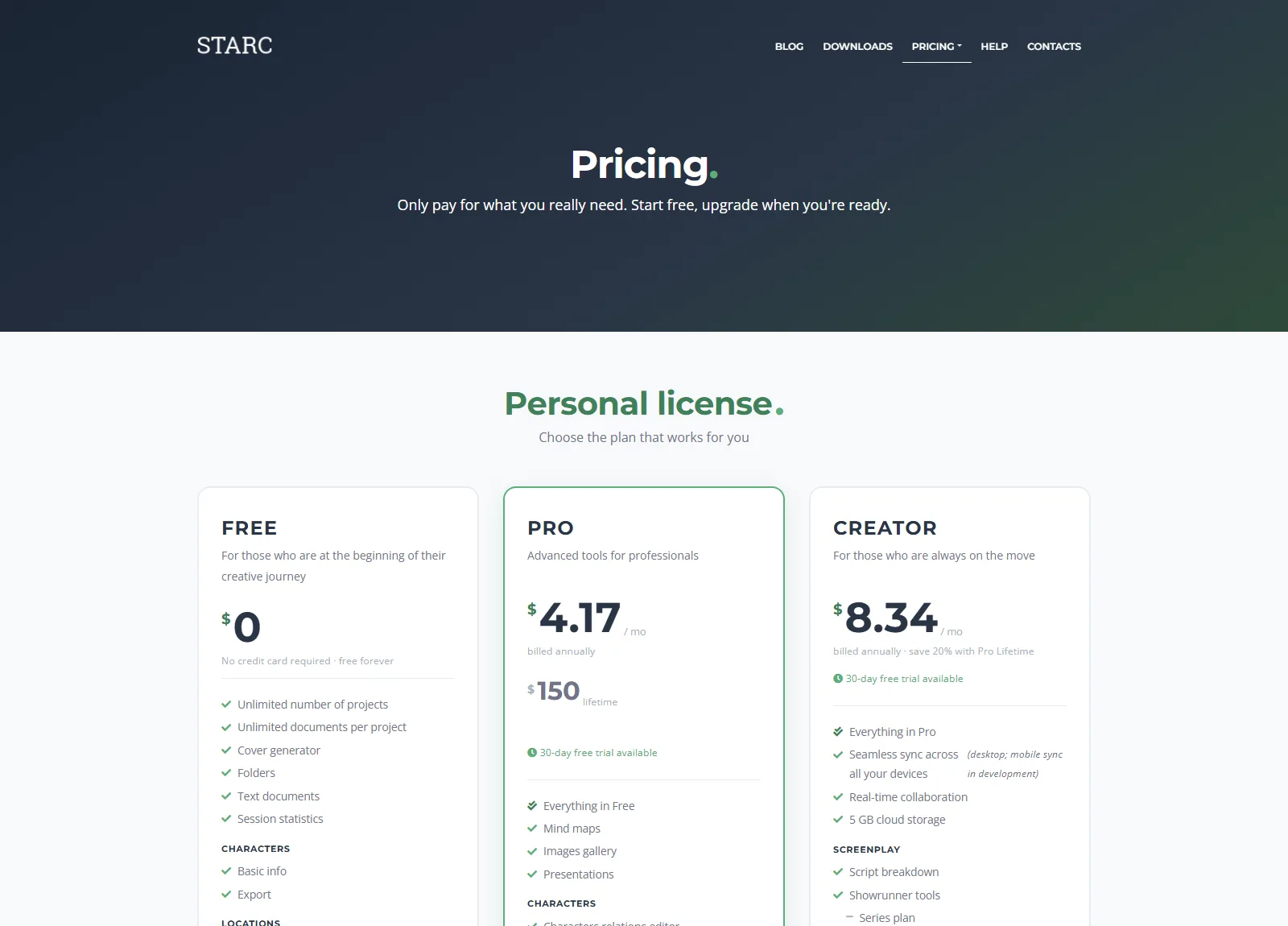 Story Architect pricing page showing the Free plan at $0 with no credit card required, unlimited projects and unlimited documents per project, next to the Pro and Creator tiers