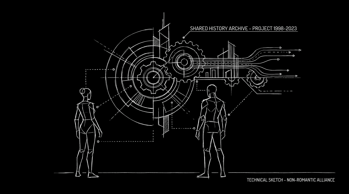Two figures; shared history; no romance; dark mode technical sketch