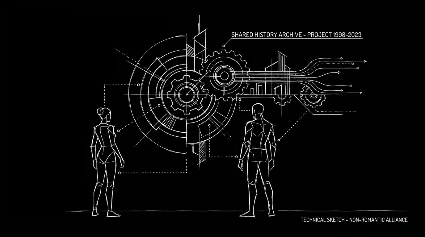Two figures; shared history; no romance; dark mode technical sketch
