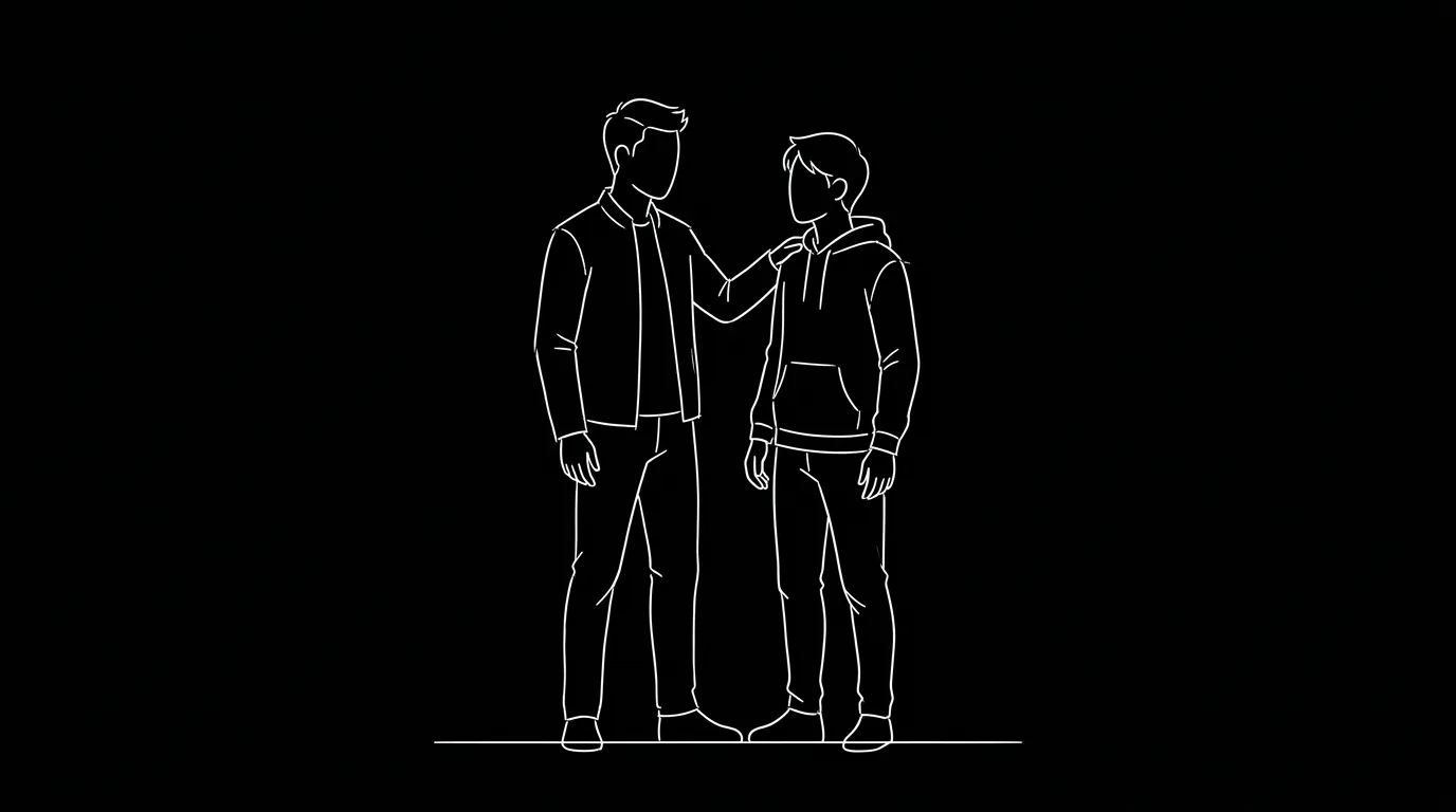 Two figures; bond without romance; dark mode technical sketch