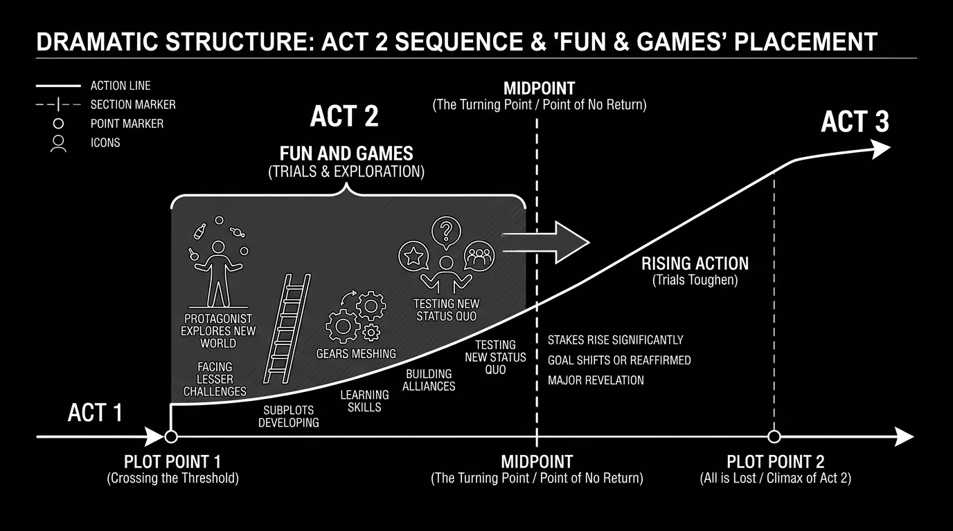 Fun and games: position in Act 2, before midpoint; dark mode technical sketch