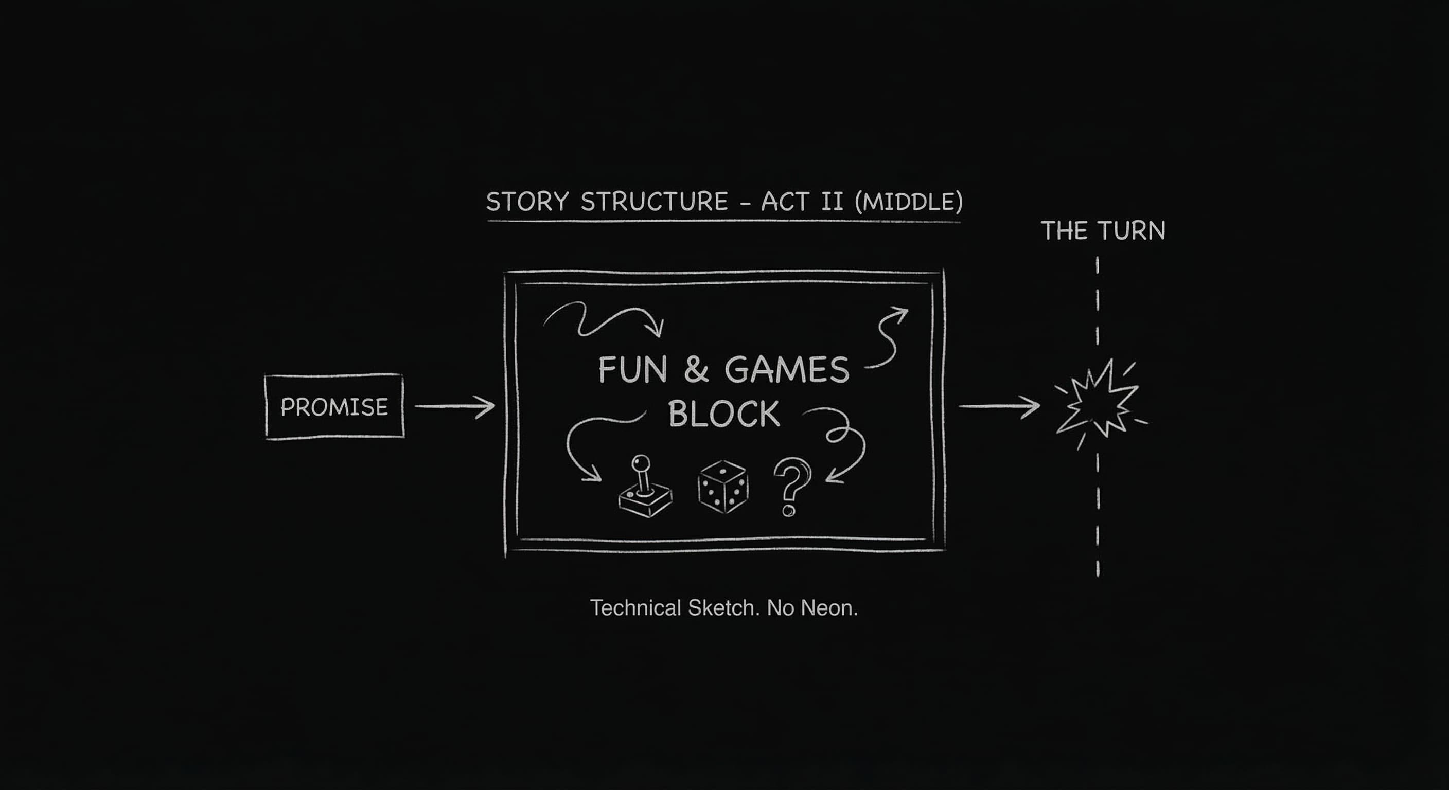 Fun and games: promise of the premise in the middle; dark mode technical sketch
