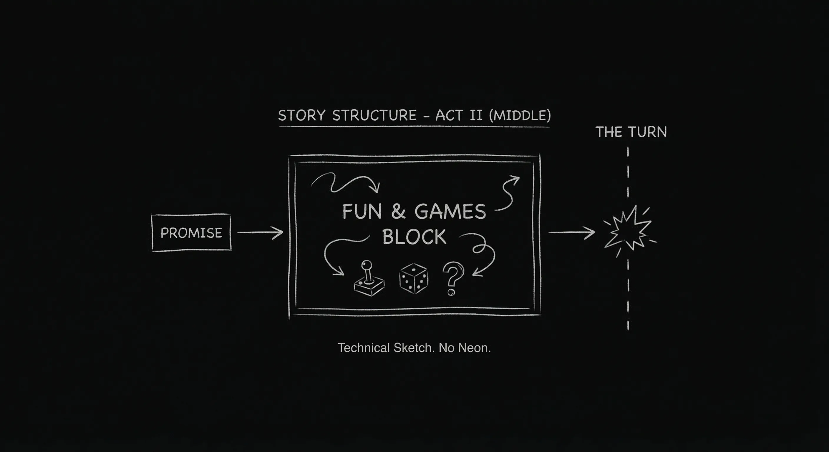 Fun and games: promise of the premise in the middle; dark mode technical sketch