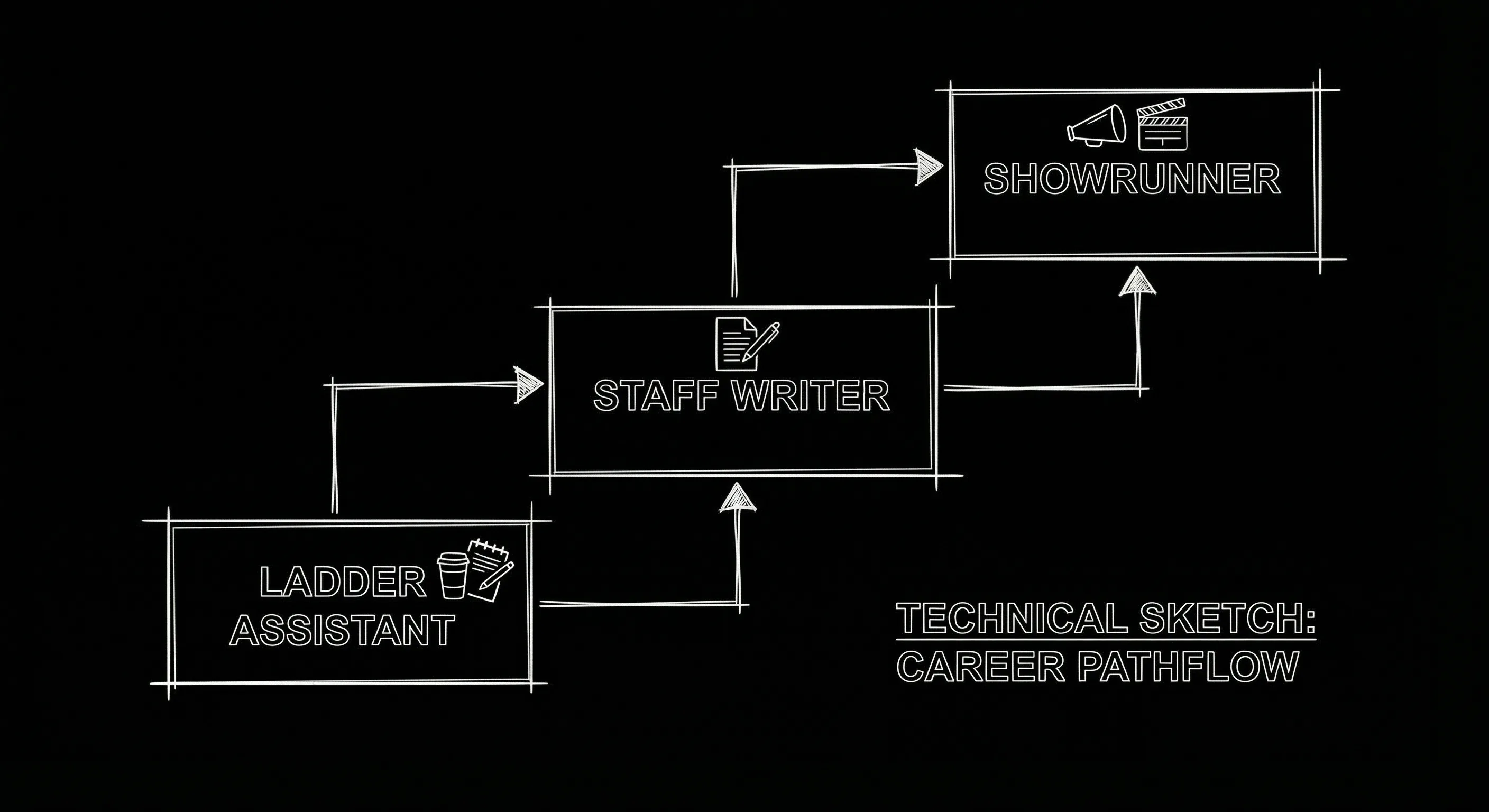 Prompt: Dark Mode Technical Sketch, ladder: assistant → staff writer → showrunner; clean thin white lines on black --ar 16:9