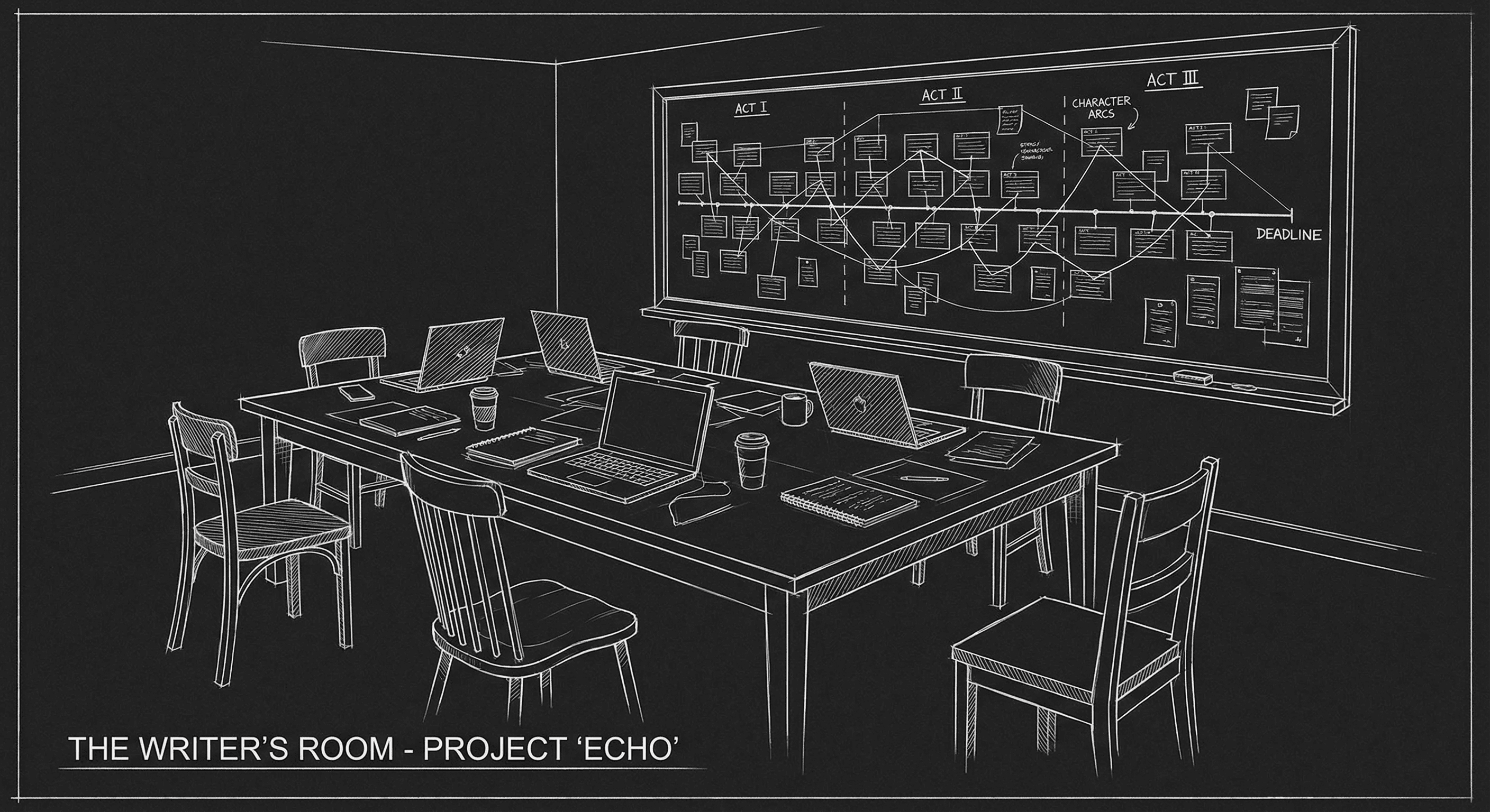 Writers' room table with timeline or board; dark mode technical sketch