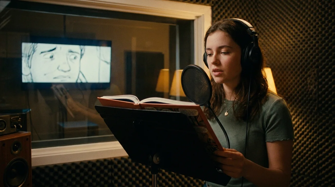 A voice recording booth, a young actress at the microphone reading from a hardcover graphic novel open on a music stand, headphones on, pop filter, a widescreen monitor through the glass behind her showing an animated frame, cinematic still