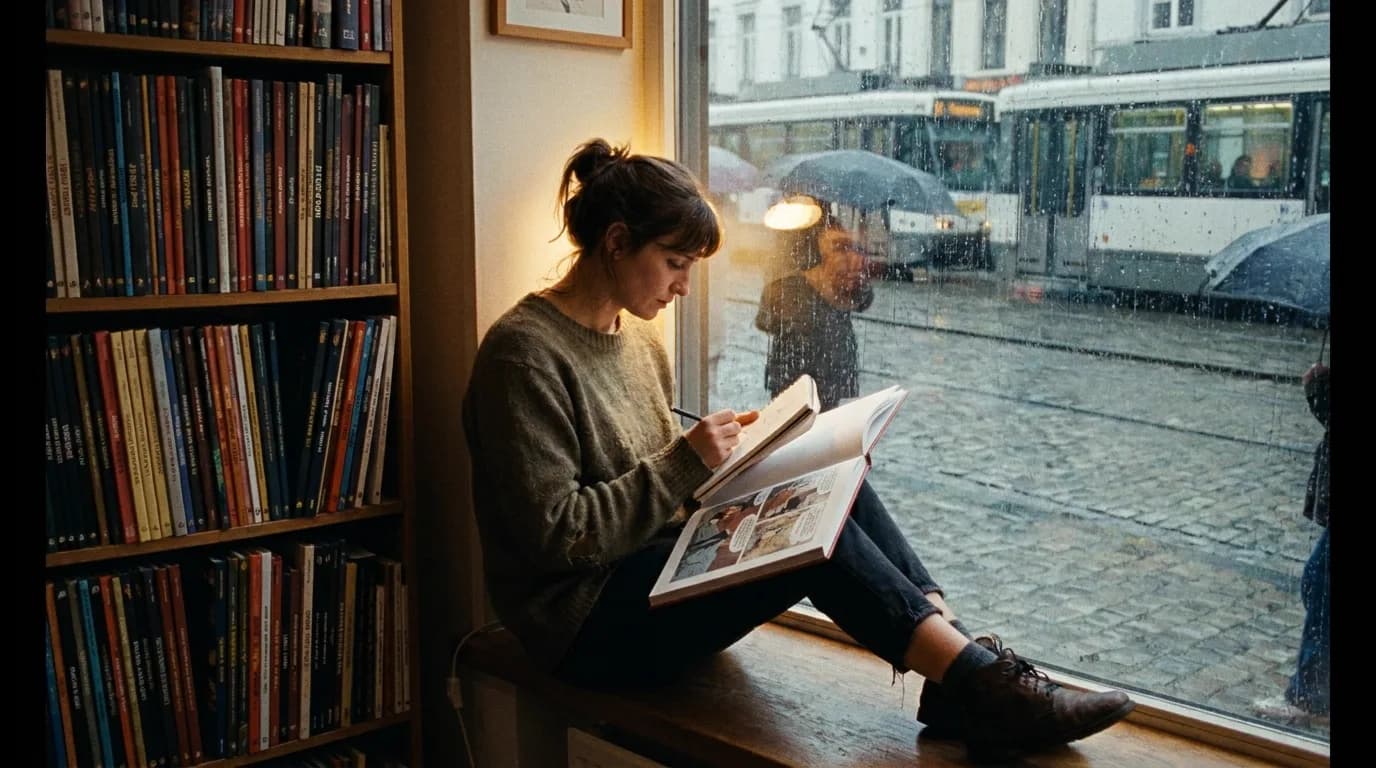 A Brussels comic book shop on a rainy afternoon, shelves of hardcover bande dessinee albums with spines facing out, a woman animator sitting at the window ledge sketching in a notebook with an album open on her knee, rain on the glass, cinematic still