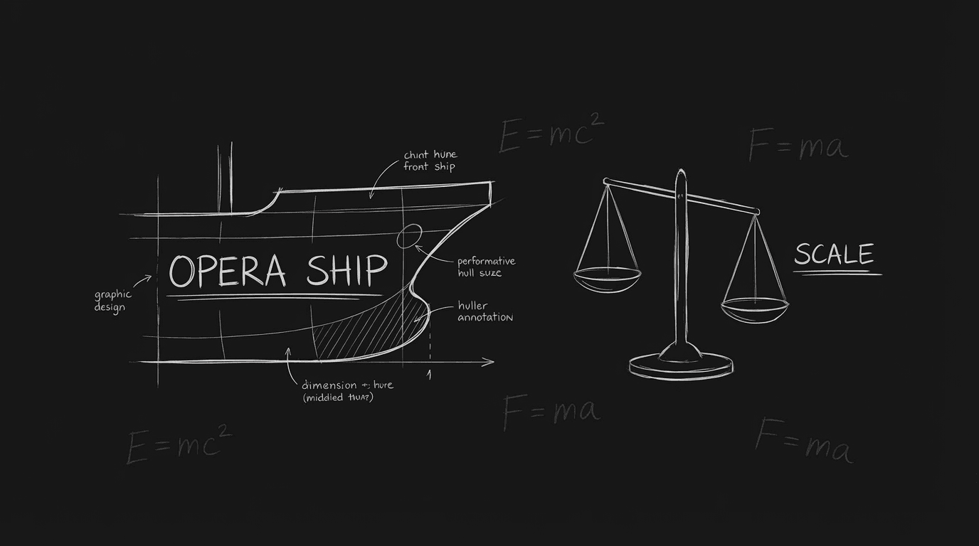 Hard: equations; opera: ship and scale; dark mode technical sketch