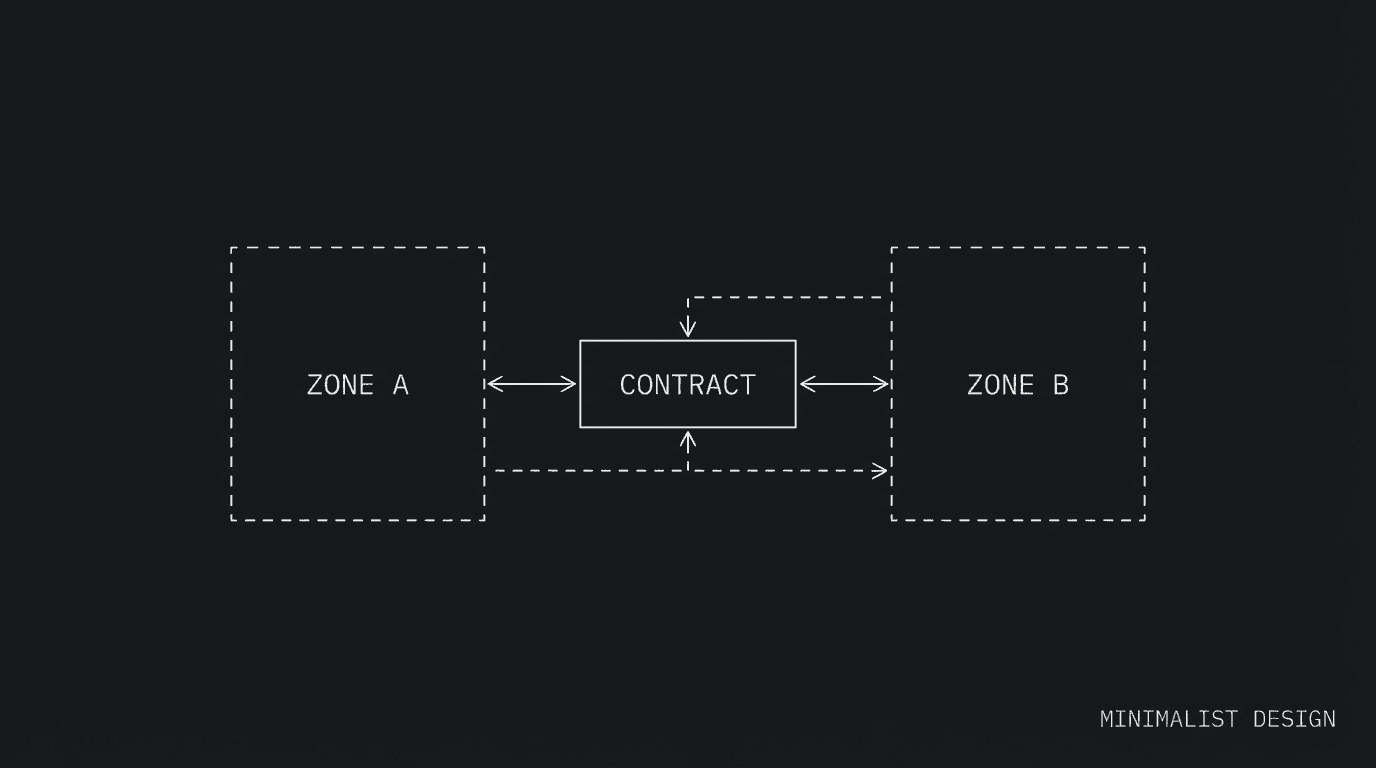 Two zones, one contract; dark mode technical sketch