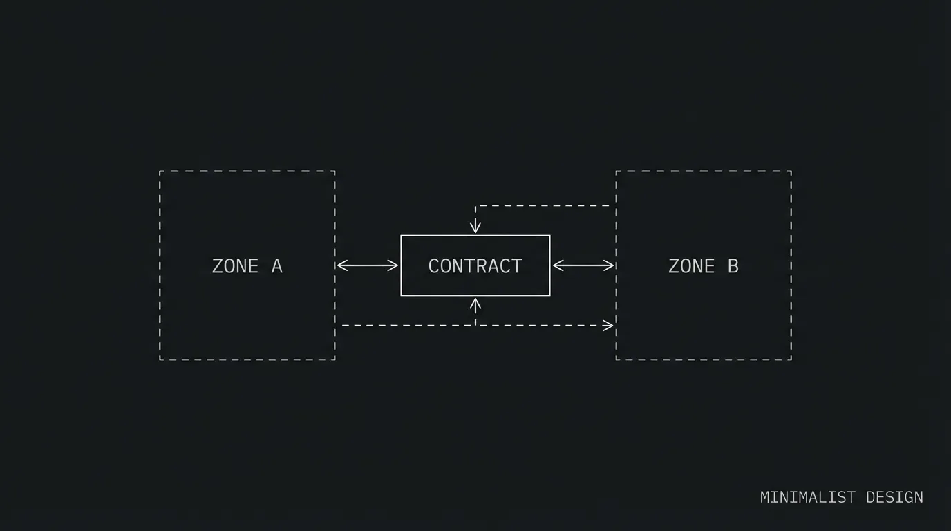 Two zones, one contract; dark mode technical sketch