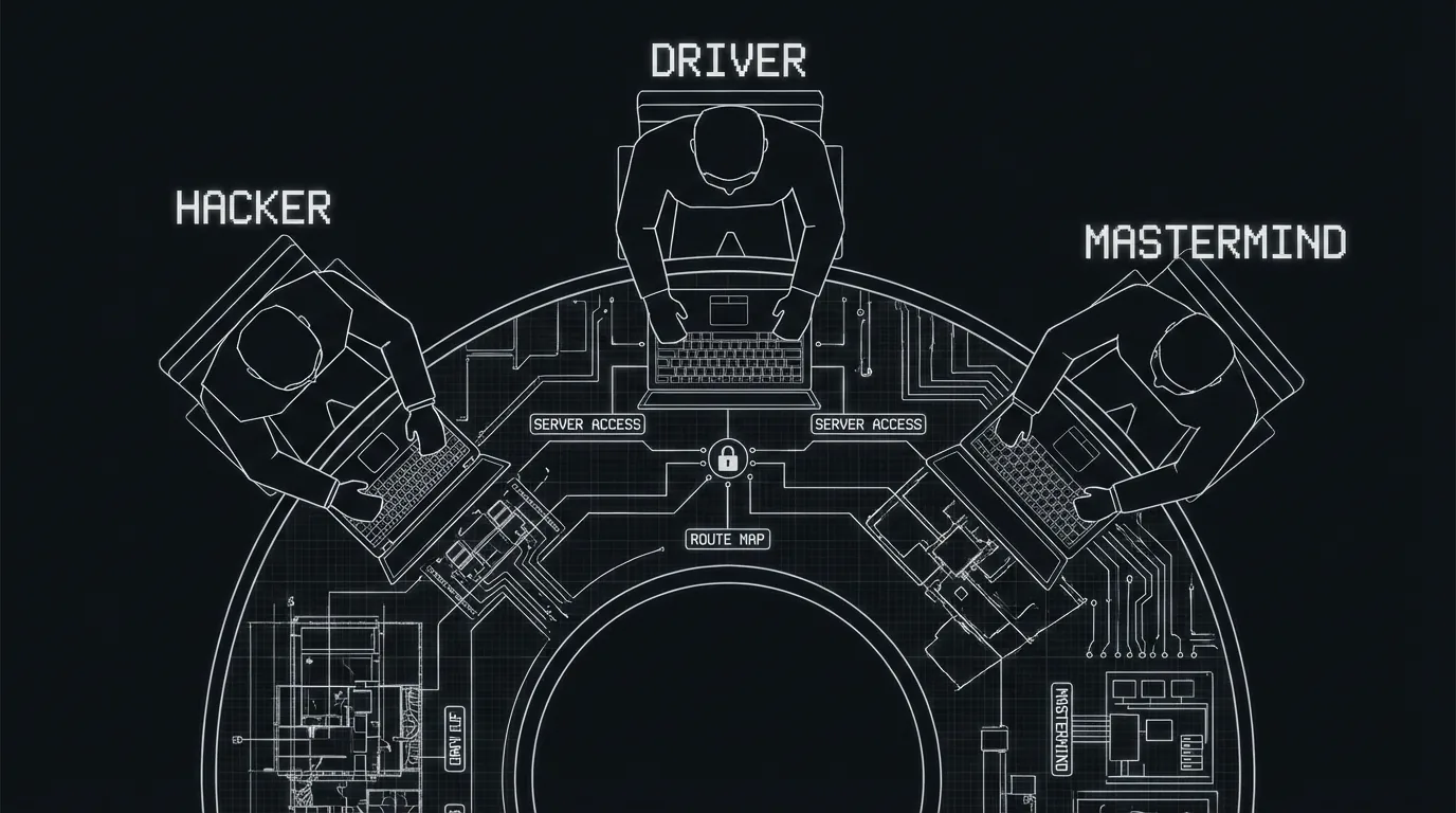 Dark-mode top-down sketch of three heist crew members around a round table covered with blueprints and security feeds