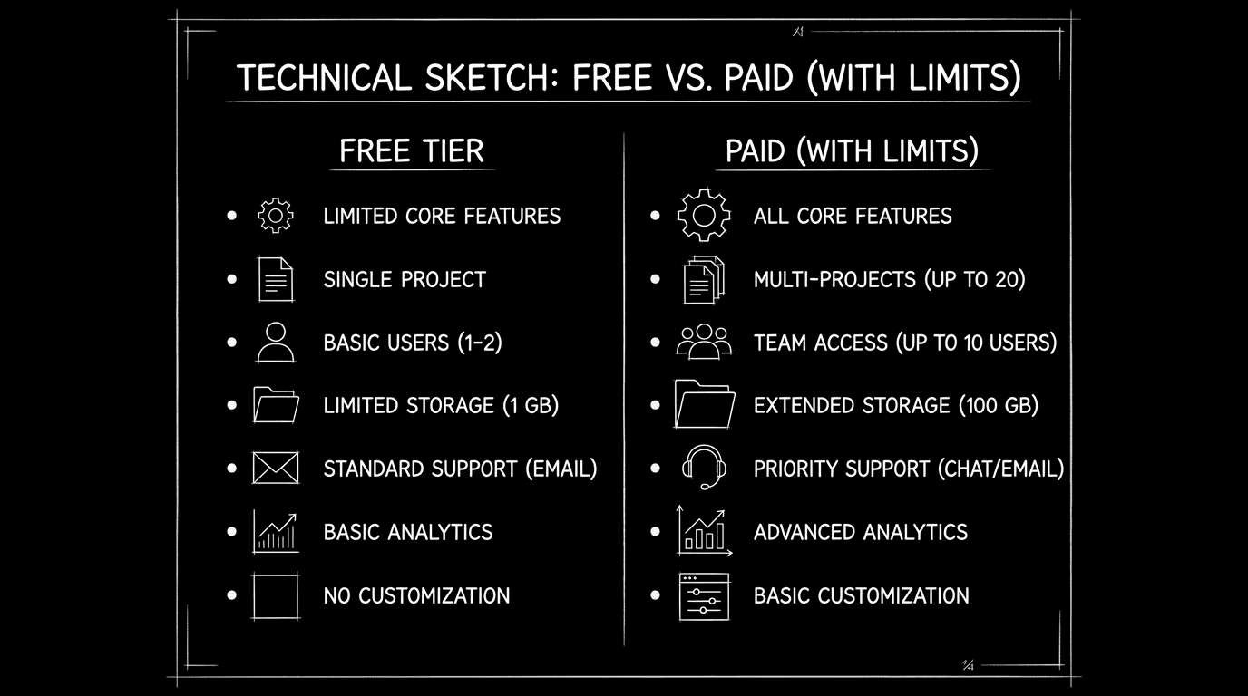 Dark mode technical sketch: free tier vs paid; limits list; thin white lines