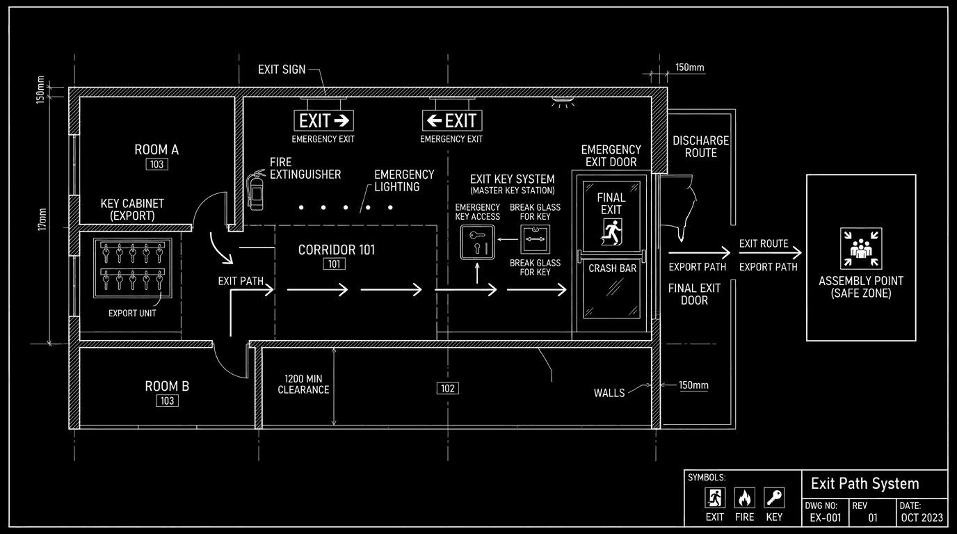 Dark mode technical sketch: exit path; export; key; thin white lines