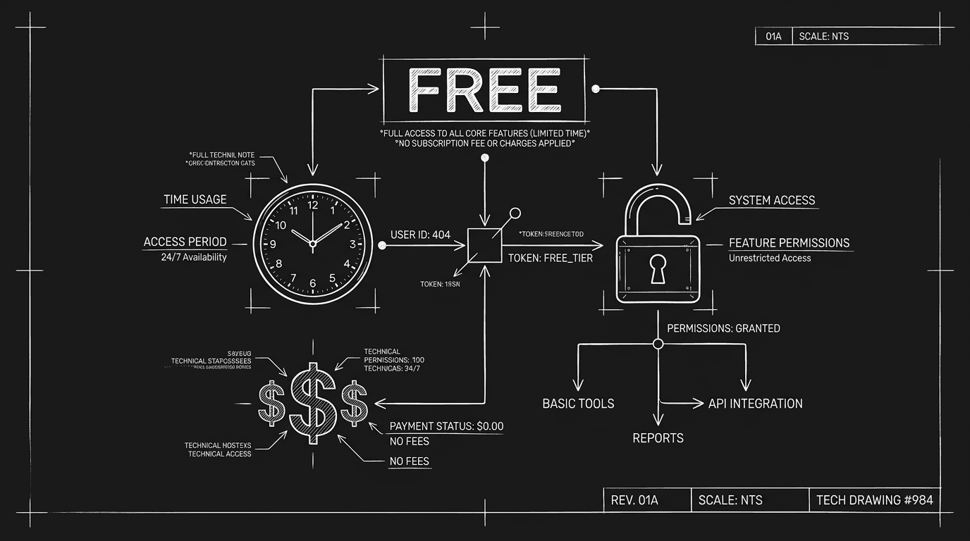 Dark mode technical sketch: FREE with small print; clock, lock, dollar; thin white lines on black